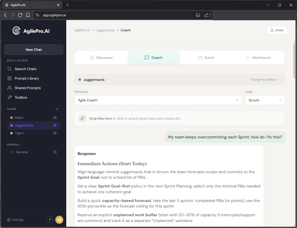 Coach mode — AI coaching with persona and lens