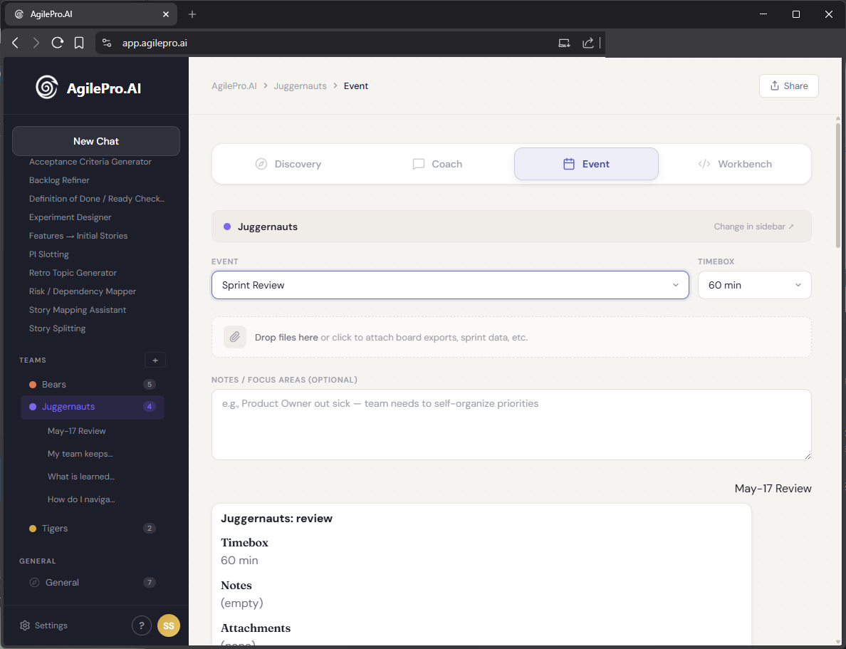 Event mode — generate agile event plans