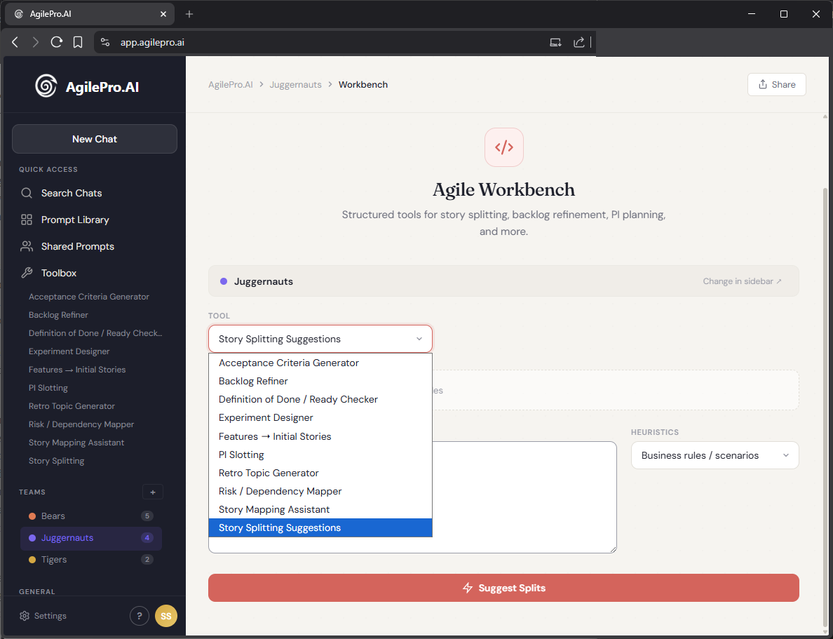 Workbench mode — specialized Agile tools